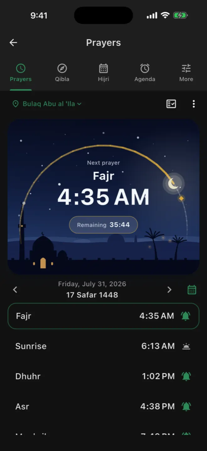 Azkar app screenshot — Prayer times